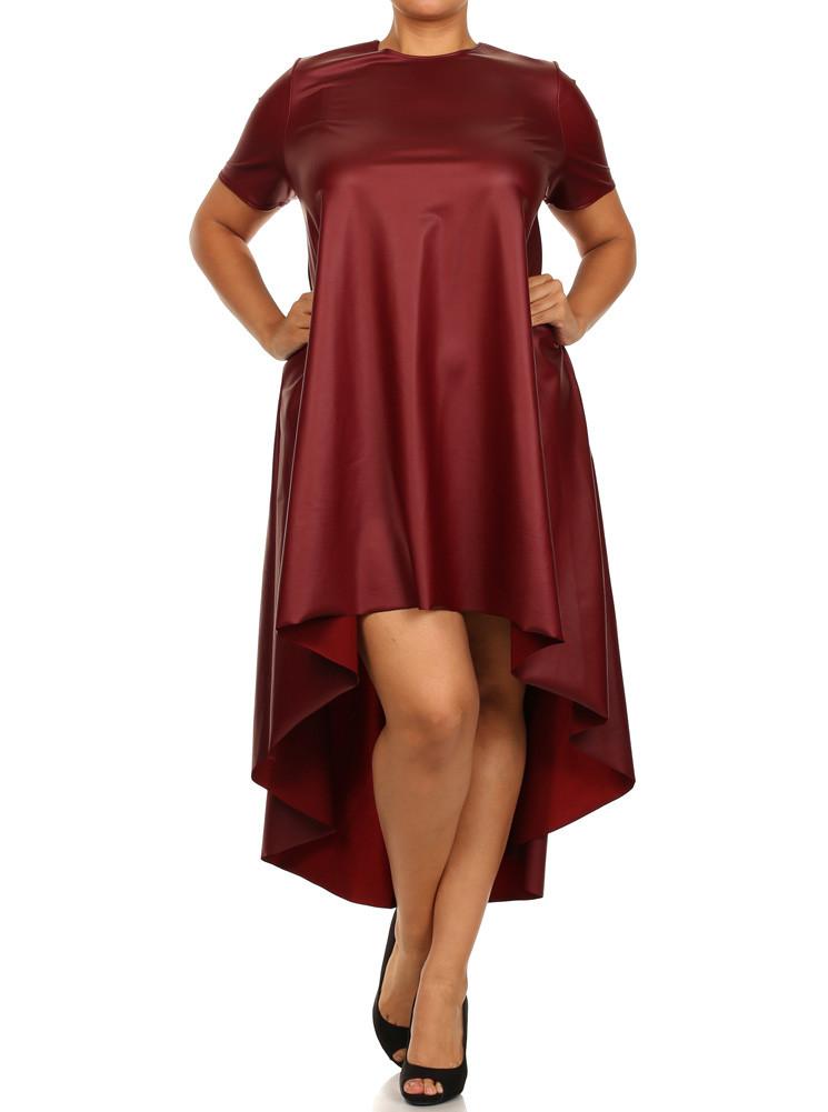 Plus Size Dip Hem Burgundy Maxi Leather Shirt Dress