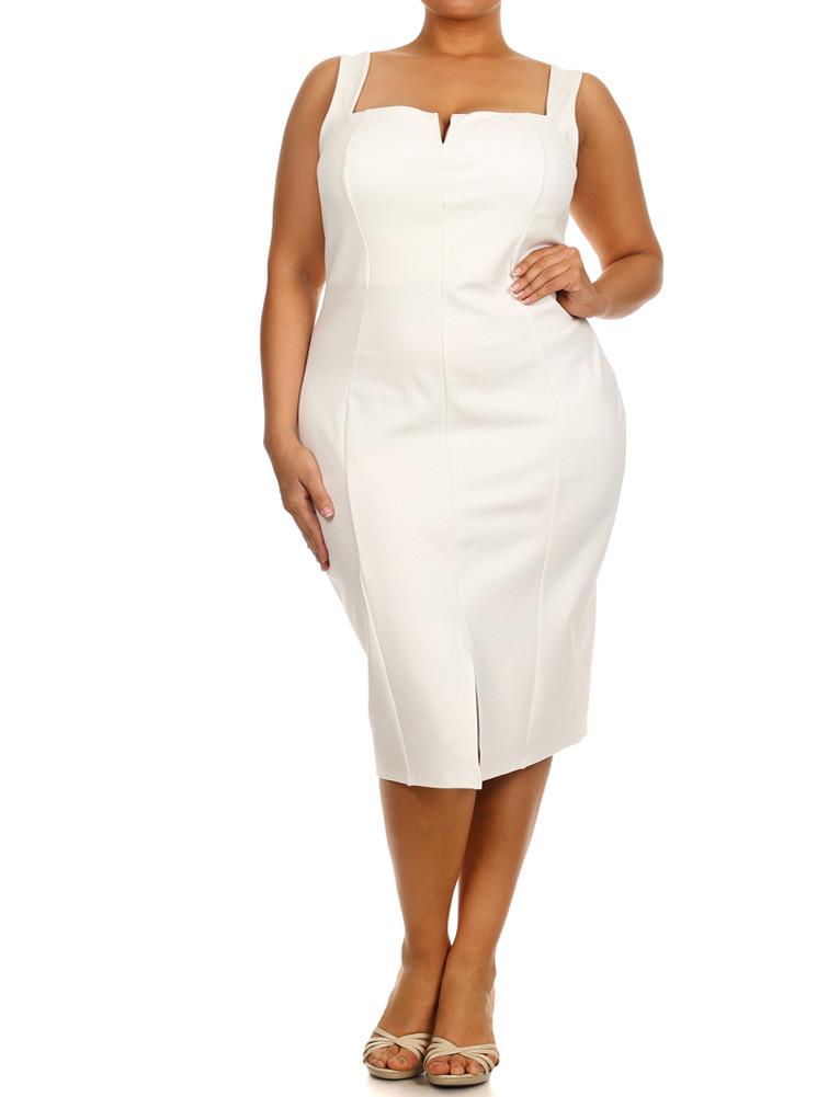 Plus Size Plunging Neckline White Midi Dress