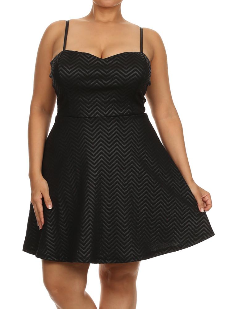 Plus Size Sweet Chevron Print Skater Black Dress