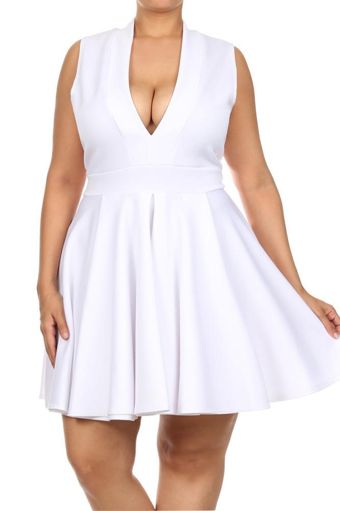 Plus Size Lively Deep V Neck White Skater Dress