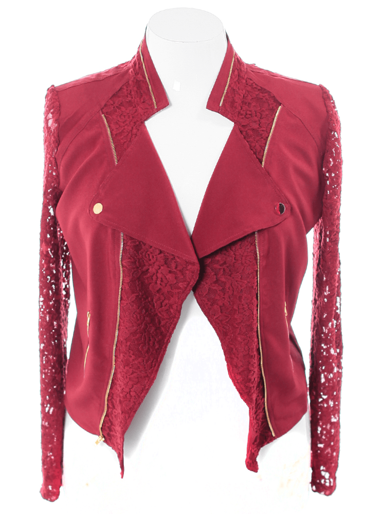 Plus Size Lace Sleeves Burgundy Biker Jacket