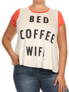 Plus Size Bed, Coffee, WiFi Raglan Coral Top
