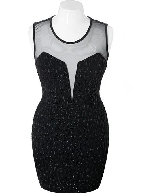 Plus Size Sparkling Scuba Mesh Black Dress