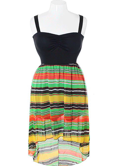 Plus Size Dip Hem Stripe Green Dress
