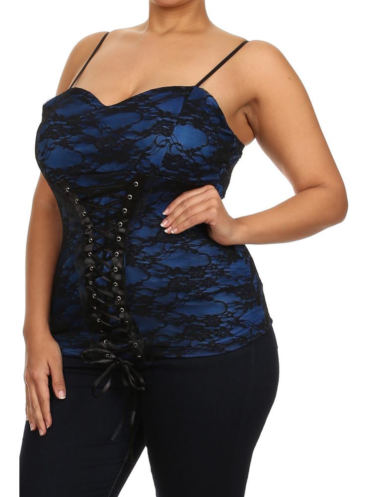 Plus Size Enticing Floral Lace Blue Corset