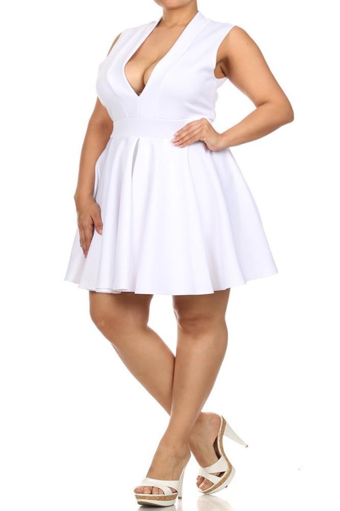 Plus Size Lively Deep V Neck White Skater Dress