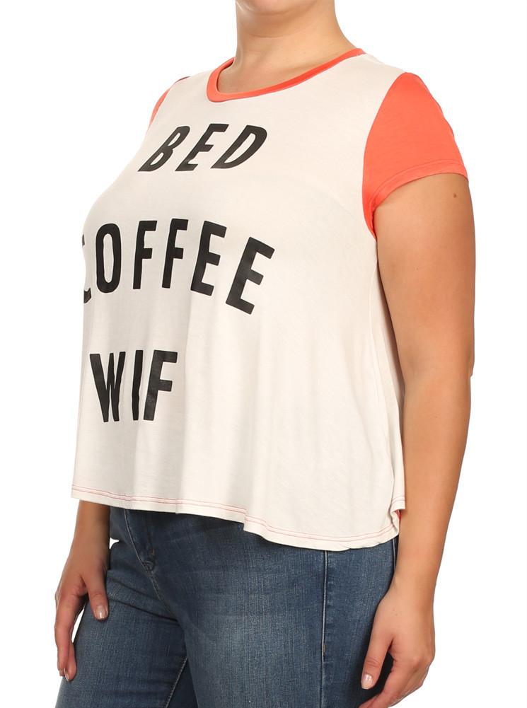 Plus Size Bed, Coffee, WiFi Raglan Coral Top