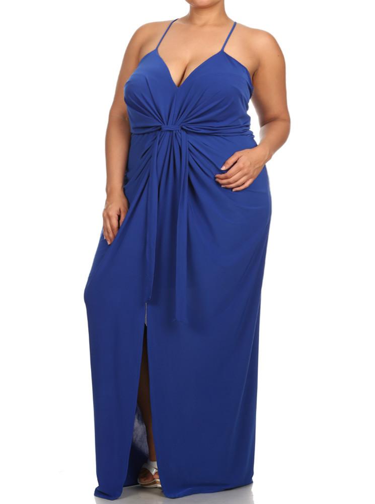 Plus Size Memorable Drapey knot Front Blue Maxi Dress