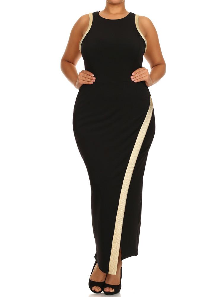 Plus Size Gold Trim Overlapping Hem Maxi Dress