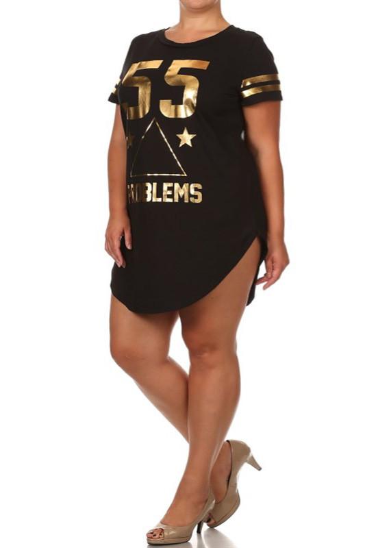 Plus Size Rihanna Gold Print Black Shirt Dress