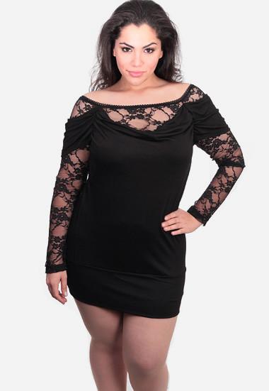 Plus Size Sexy See Through Lace Sleeves Black Cocktail Dress