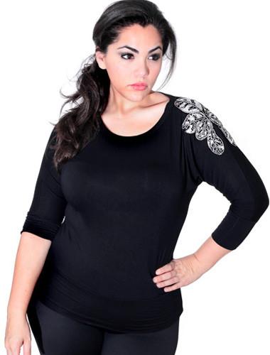 Plus Size Flower Shoulder Long Sleeve Black Top