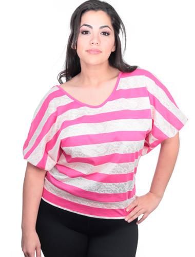 Plus Size Sexy Stripe Bubble Sleeves Pink Top