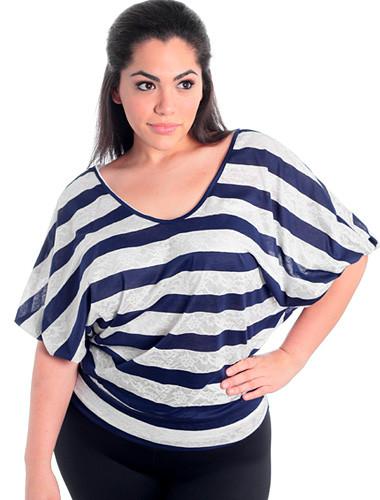 Plus Size Sexy Stripe Bubble Sleeves Blue Top