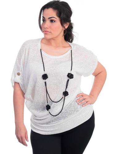 Plus Size Loose Bubble Rose Necklace White Top