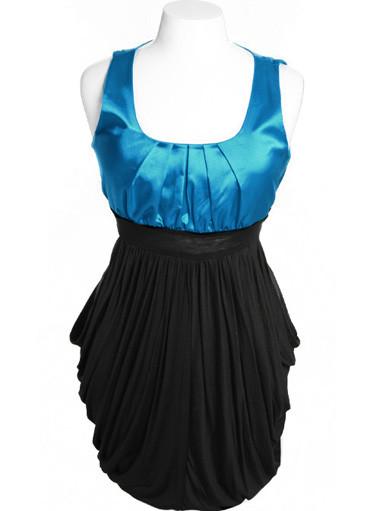 Plus Size Silky Satin Layered Pleat Skirt Blue Dress