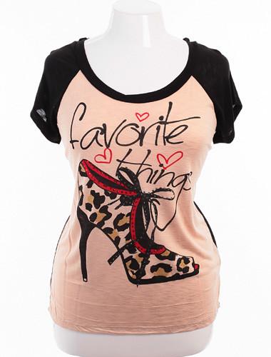 Plus Size Graphic Jeweled Shoe Tan Top
