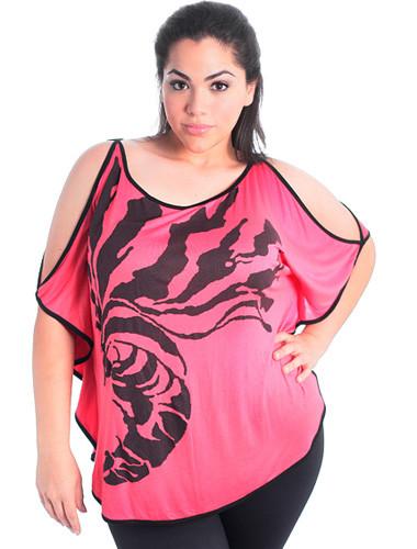 Plus Size Trendy Loose Open Shoulder Pink Top