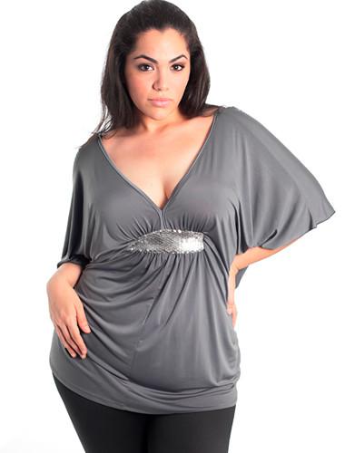 Plus Size Sequenced Drape Grey Blouse