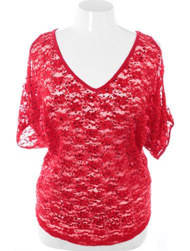 Plus Size Sparkling See Through Red Top