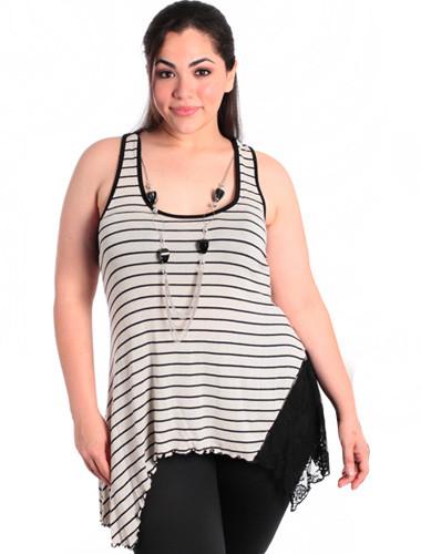 Plus Size Stylish Striped Lace Cream Tank