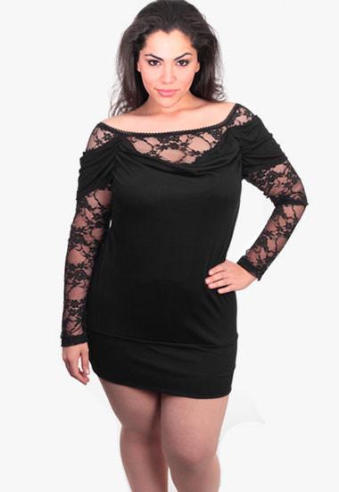 Plus Size See Through Lace Sleeves Black Dress