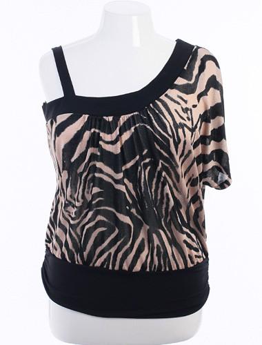 Plus Size Open Shoulder Zebra Print Tan Top