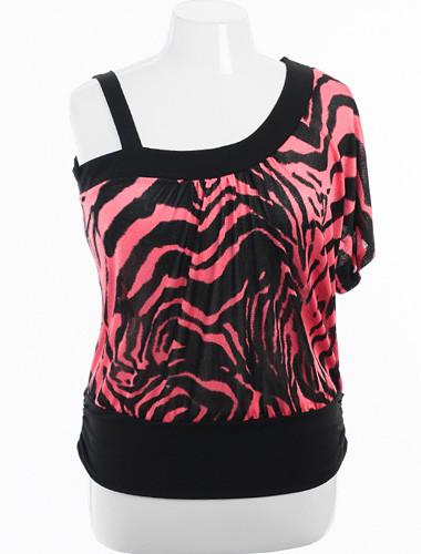 Plus Size Open Shoulder Zebra Print Pink Top