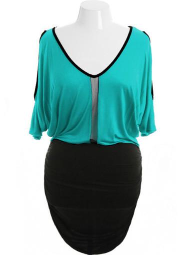 Plus Size Open Shoulder Peep Show Teal Dress