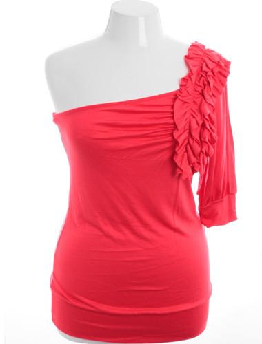 Plus Size One Shoulder Ruffle Half Sleeve Pink Top