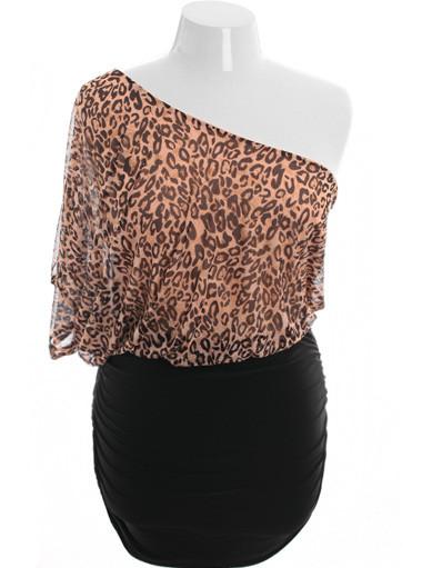 Plus Size Leopard Print One Shoulder Mini Dress