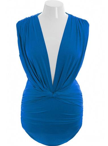 Plus Size Sexy Deep V Sleeveless Blue Long Top