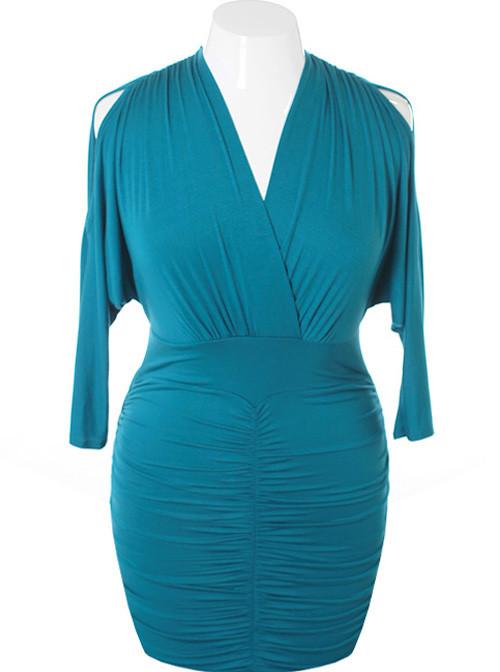 Plus Size Sexy V Hugging Cocktail Aqua Dress