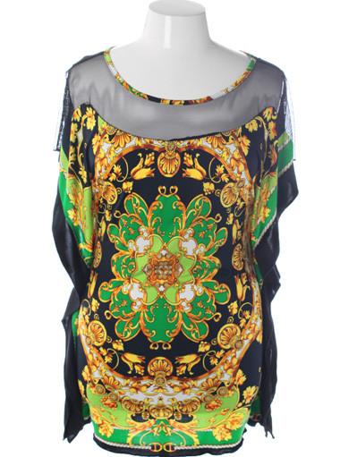 Plus Size Silky Royal See Through Collar Green Mini Dress