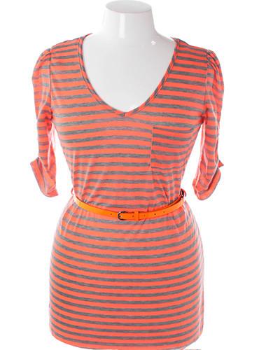 Plus Size Stripe Adorable Highlighter Belt Orange Top