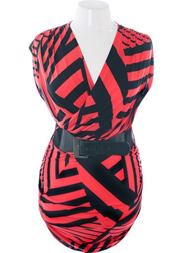 Plus Size Designer Sleeveless Belt Red Dress