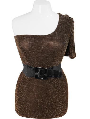 Plus Size Sparkling One Shoulder Belt Gold Top