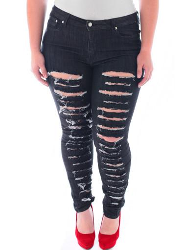 Plus Size Slashed Dark Blue Skinny Jeans