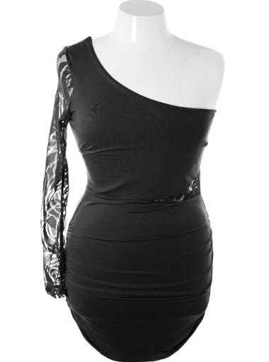Plus Size Designer One Shoulder Lace Rose Black Dress