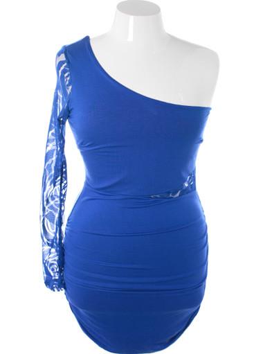 Plus Size Designer One Shoulder Lace Rose Blue Dress