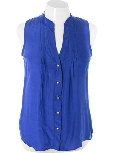 Plus Size Sleeveless Sexy Button Up Blue Top