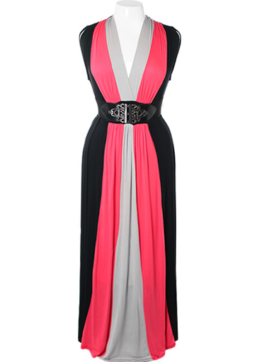 Plus Size Sexy Floor Length Belted Pink Dress