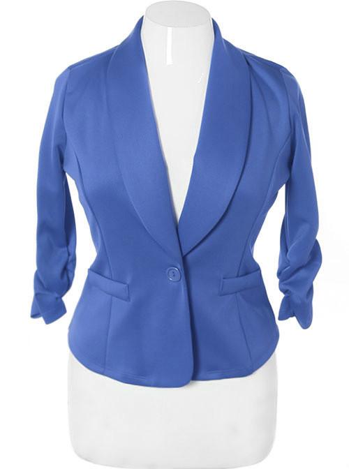 Plus Size Shawl Collar Scrunch Sleeve Blue Blazer