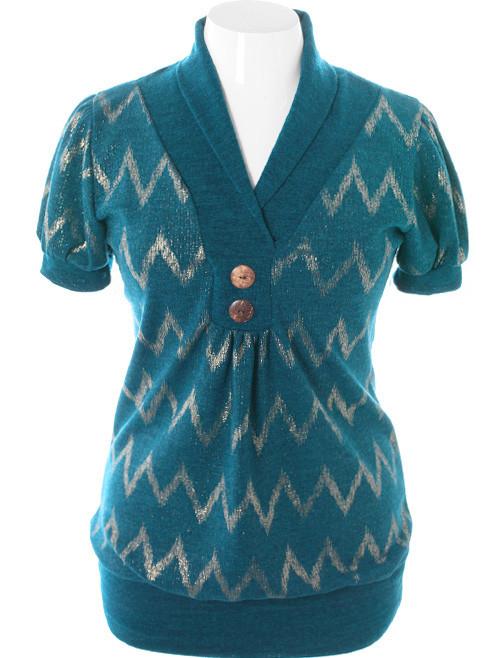 Plus Size Sparkling Shawl Knit Teal Top