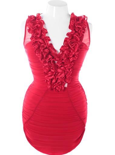 Plus Size Gathered Rose See Through Red Dress