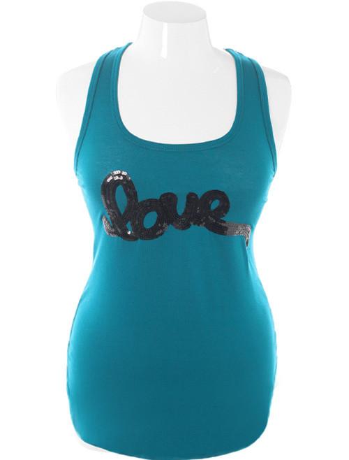 Plus Size Bedazzled Love Teal Tank