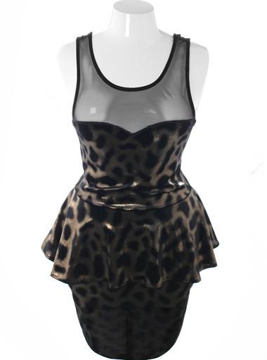 Plus Size Sparkling Peplum Animal Print Dress