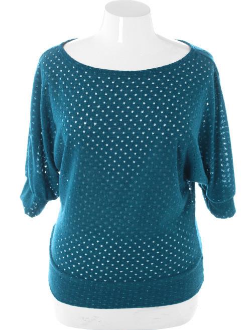 Plus Size Sparkling Knit See Through Teal Top