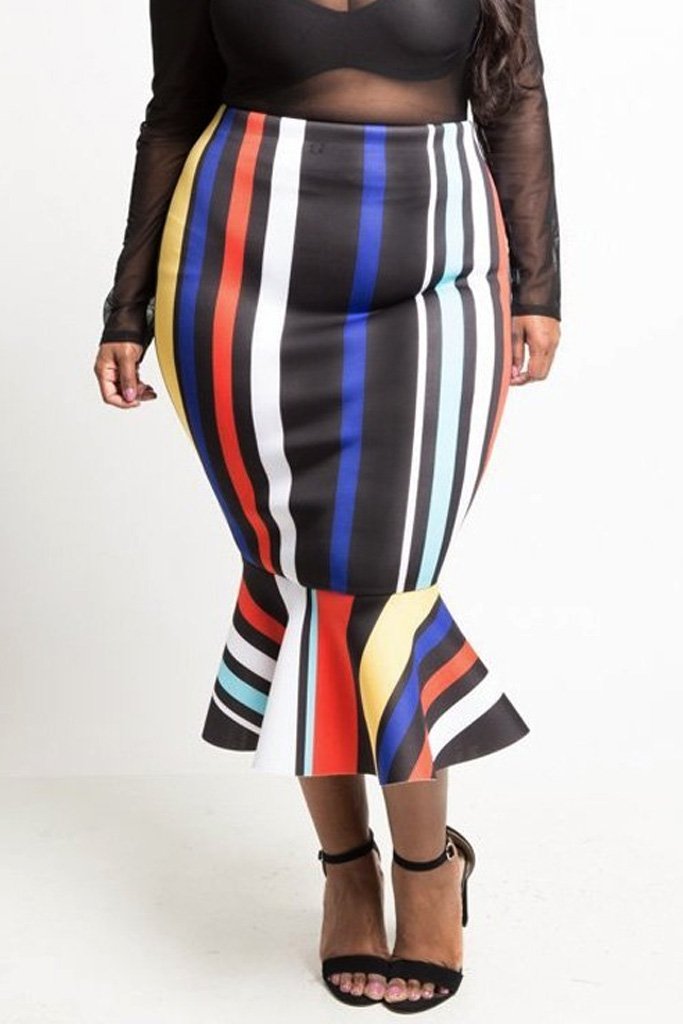 Plus Size Stripe Mermaid Midi Skirt