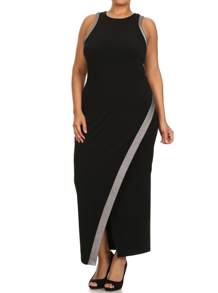 Plus Size Silver Trim Overlapping Hem Maxi Dress